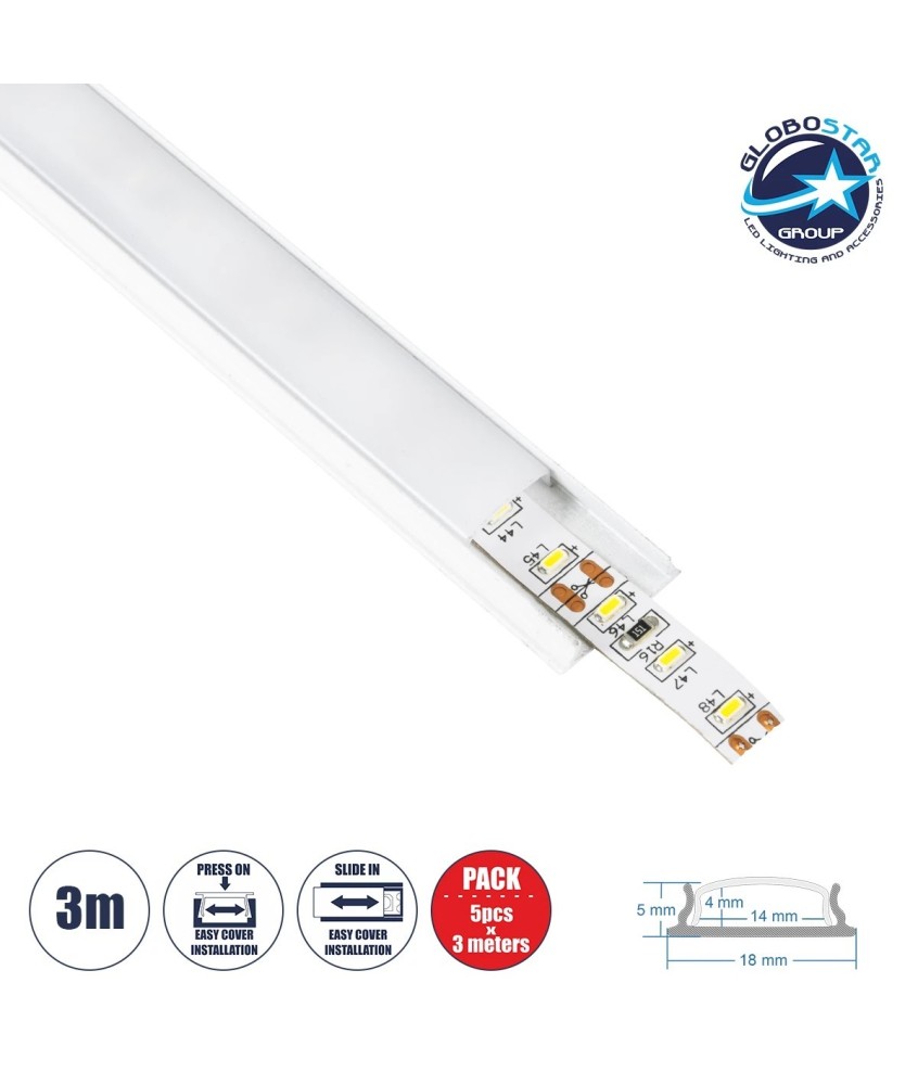 GloboStar® CURVED-PROFILE 70863-3M Προφίλ Αλουμινίου - Βάση & Ψύκτρα Ταινίας LED με Λευκό Γαλακτερό Κάλυμμα - Επιφανειακή Χρήση - Εύκαμπτο με Δυνατότητα Κυρτής Τοποθέτησης - Πατητό Κάλυμμα - Λευκό - 3 Μέτρα - Πακέτο 5 Τεμαχίων - Μ300 x Π1.8 x Υ0.5cm